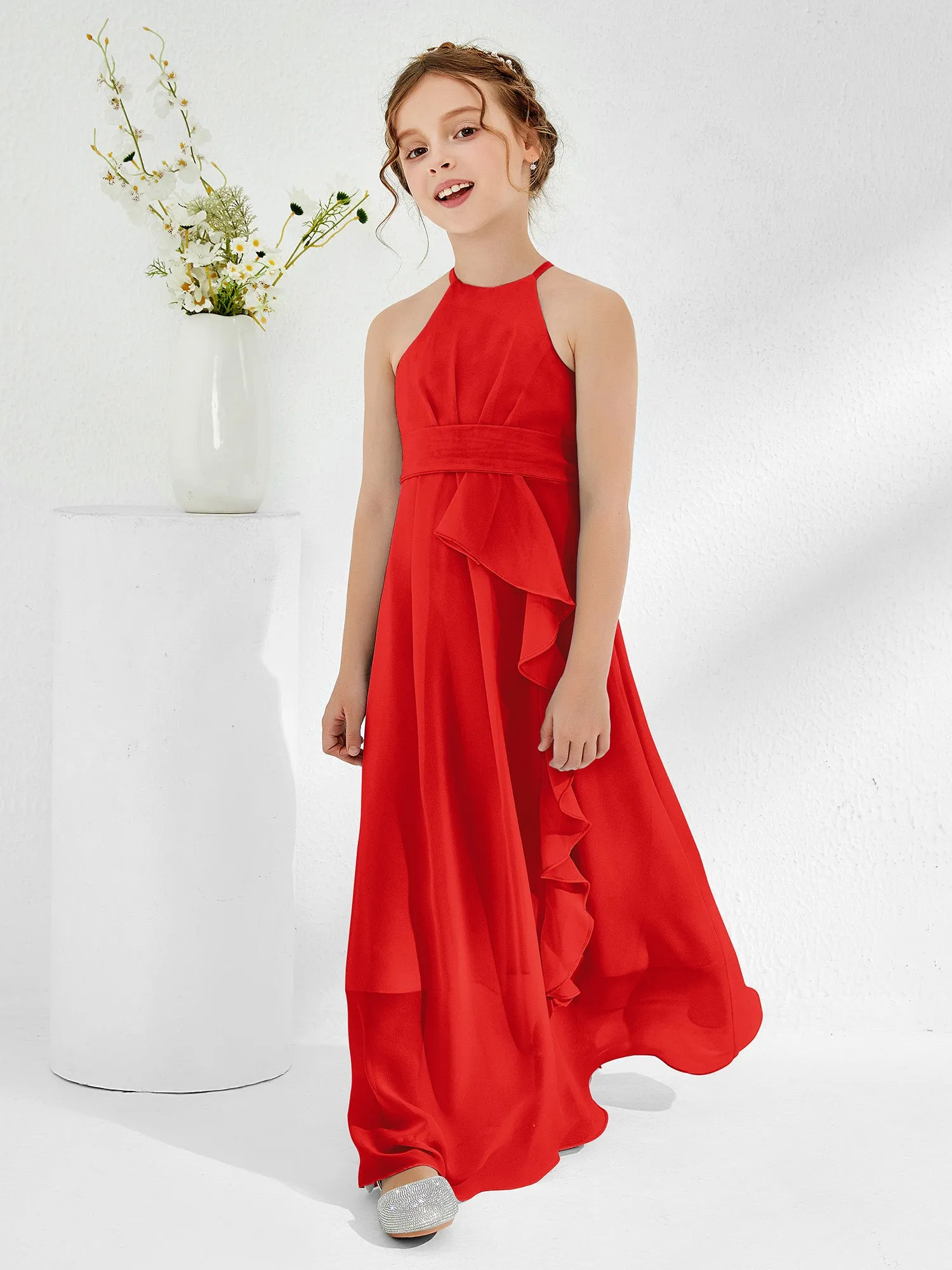 Halter Neckline Junior Bridesmaid Dresses with Sash Red