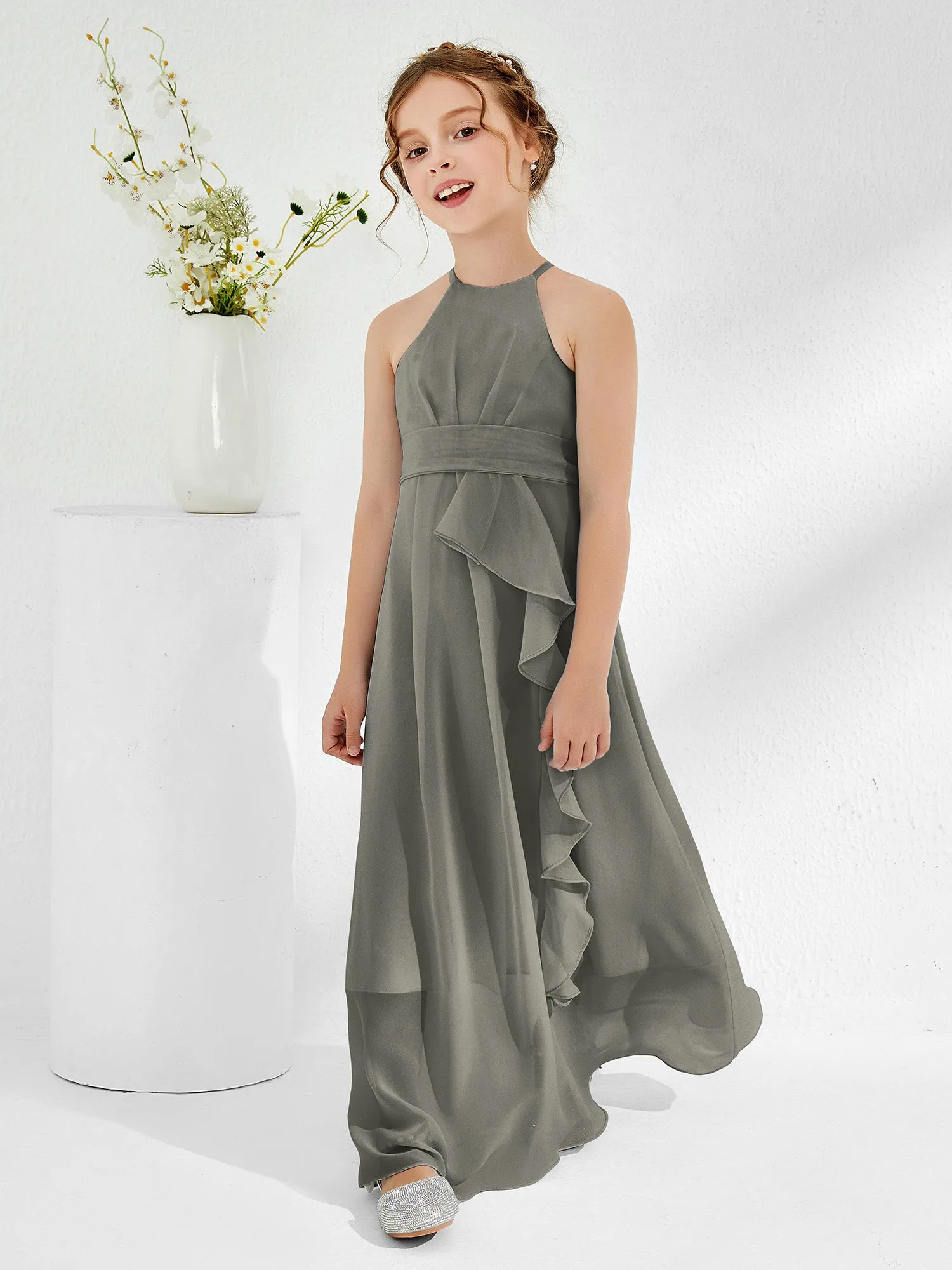 Halter Neckline Junior Bridesmaid Dresses with Sash Steel Grey