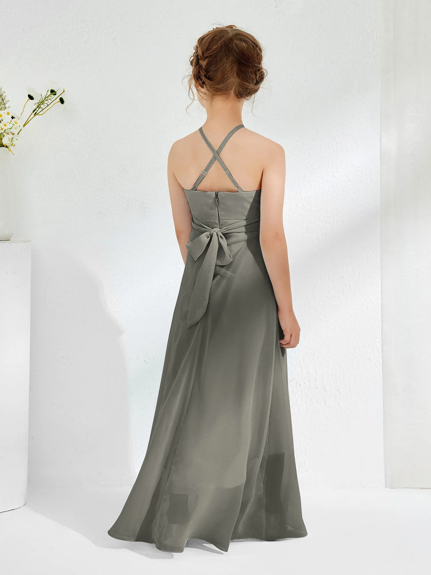 Halter Neckline Junior Bridesmaid Dresses with Sash Steel Grey