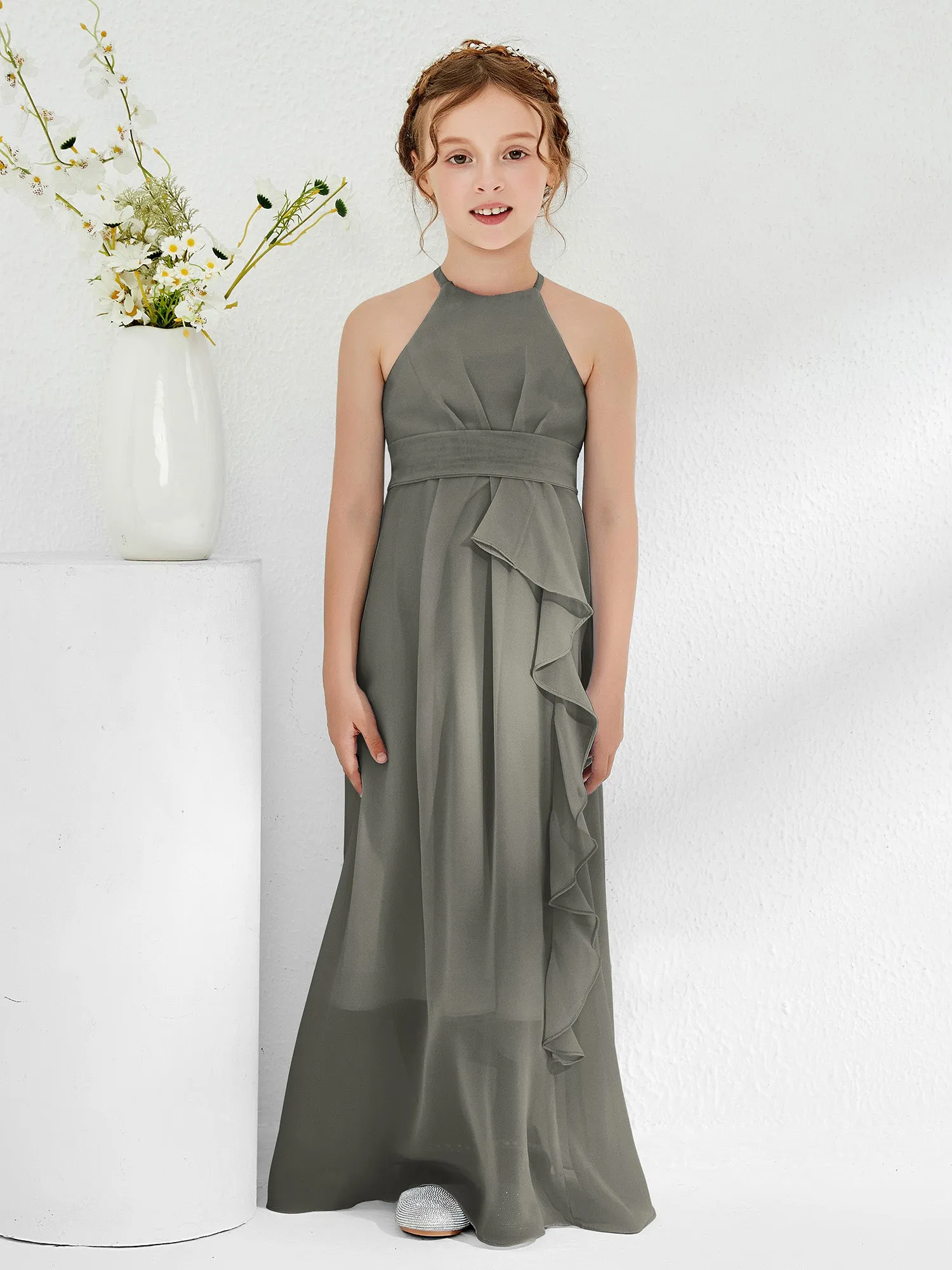 Halter Neckline Junior Bridesmaid Dresses with Sash Steel Grey