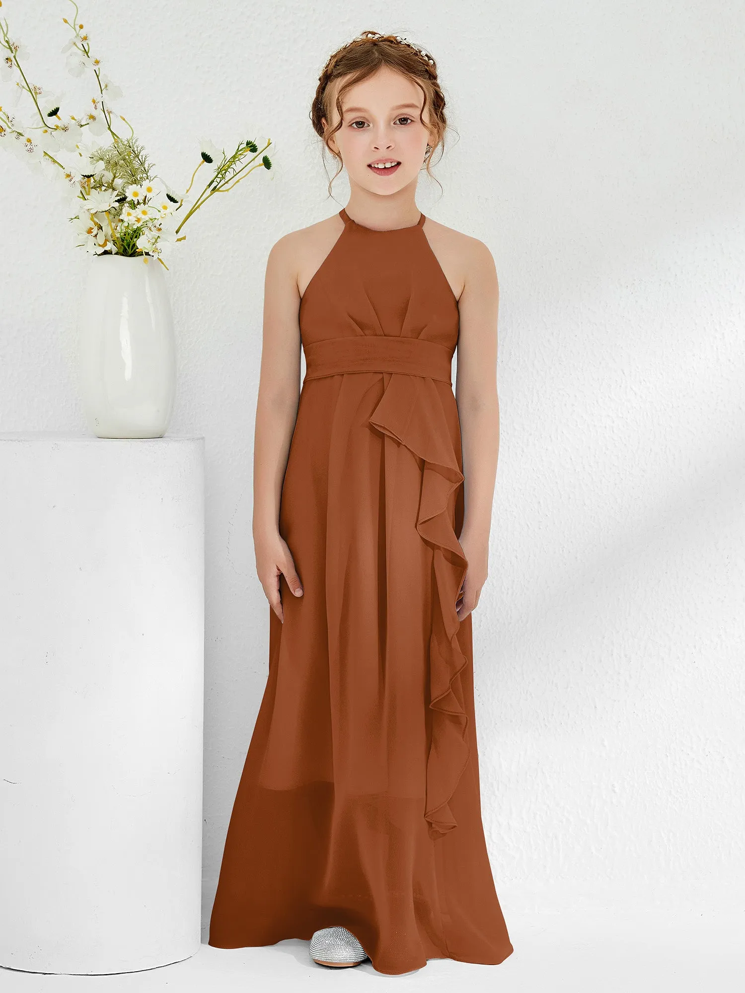 Halter Neckline Junior Bridesmaid Dresses with Sash Terracotta