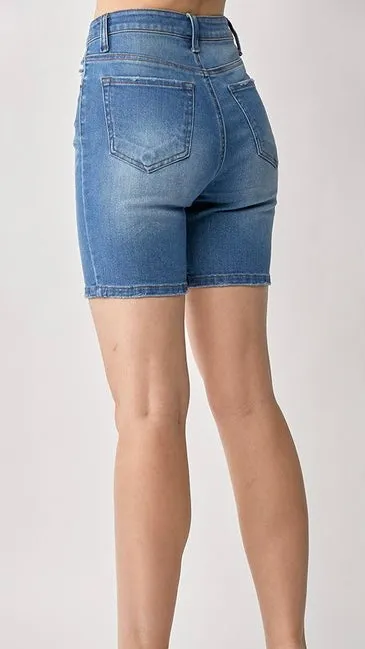 High Rise Button Fly Mid Thigh Shorts