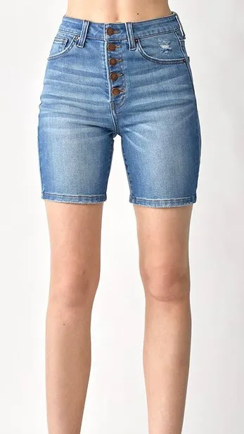 High Rise Button Fly Mid Thigh Shorts