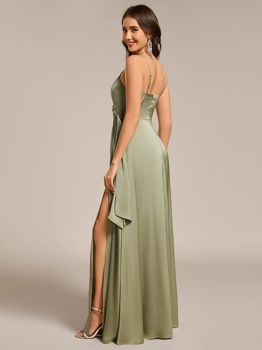 Holly light olive satin bridesmaid dress with split Express NZ wide