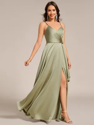 Holly light olive satin bridesmaid dress with split Express NZ wide