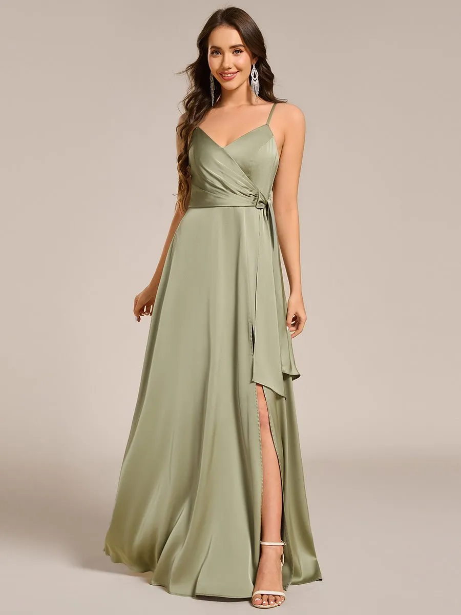 Holly light olive satin bridesmaid dress with split Express NZ wide