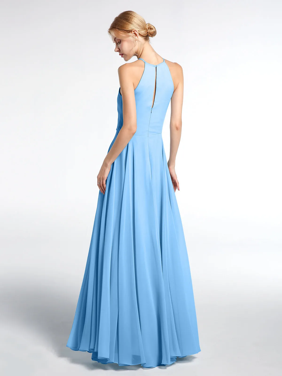 Keyhole Neckline Halter Circle Skirt Max Dress-Blue