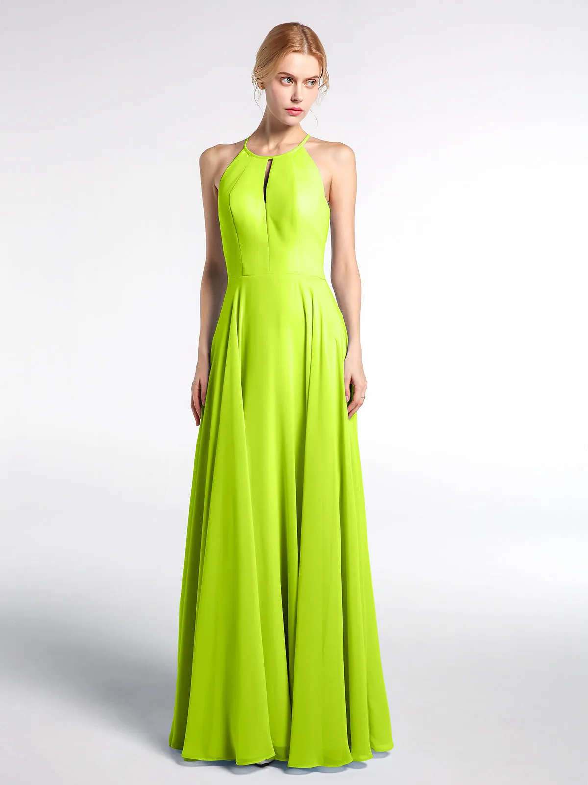 Keyhole Neckline Halter Circle Skirt Max Dress-Lime Green