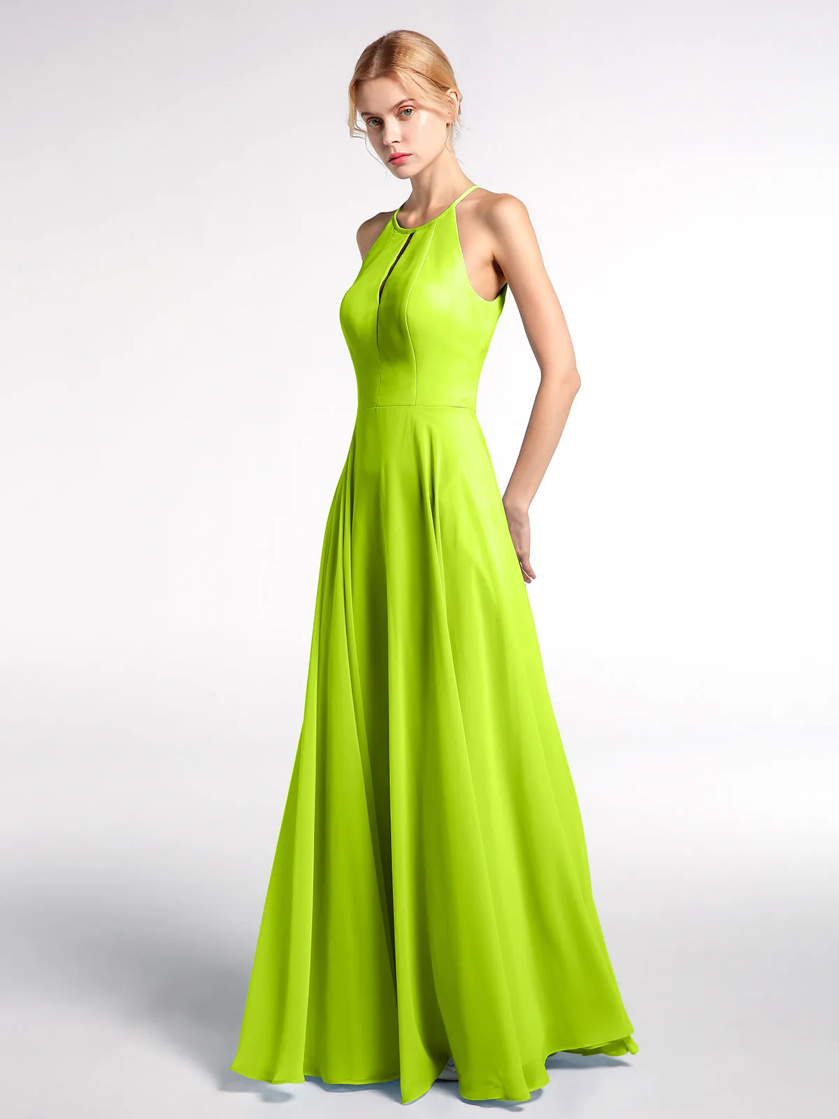 Keyhole Neckline Halter Circle Skirt Max Dress-Lime Green