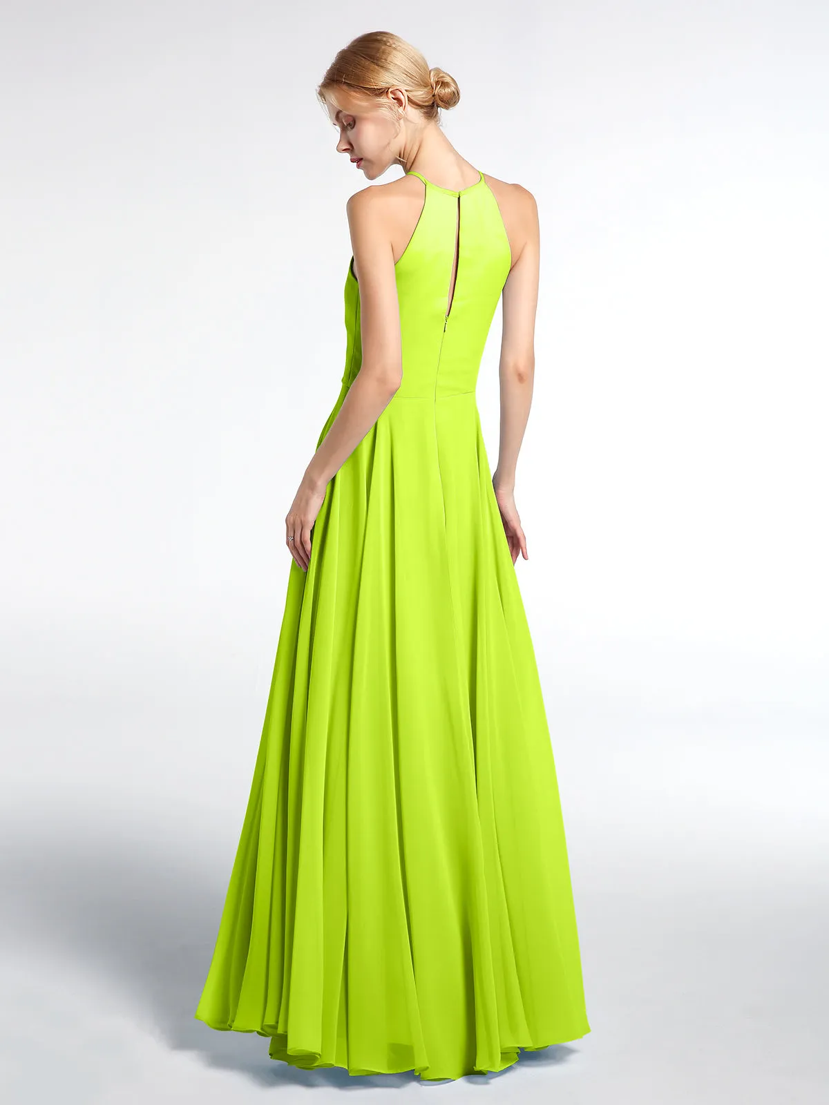 Keyhole Neckline Halter Circle Skirt Max Dress-Lime Green