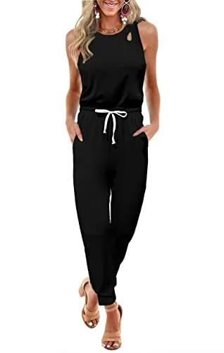 KIRUNDO Jumpsuits for Women Casual Summer 2023 Cutout Sleeveless Crewneck Drawstring Waist Long Pants Romper with Pockets(Black, Large)