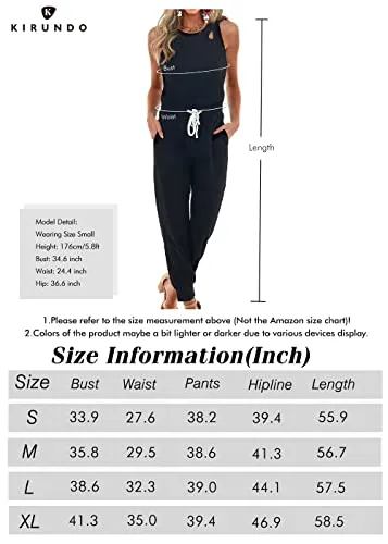 KIRUNDO Jumpsuits for Women Casual Summer 2023 Cutout Sleeveless Crewneck Drawstring Waist Long Pants Romper with Pockets(Black, Large)