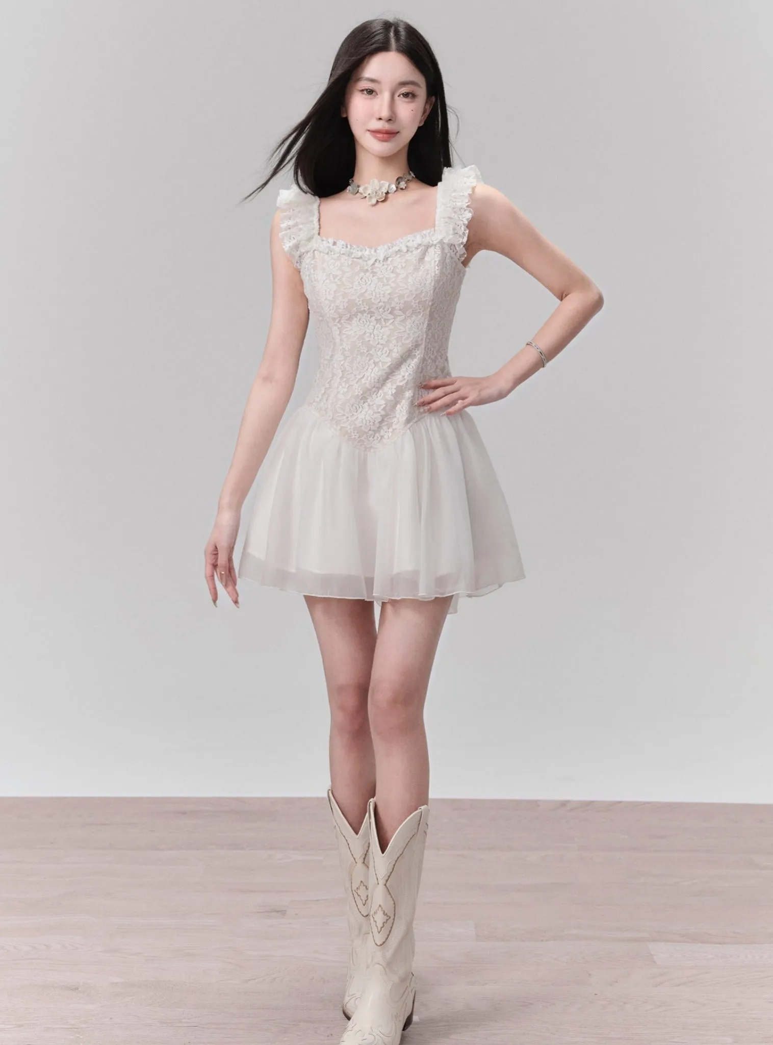 Lace Bodice Tulle Skirt Mini Dress with Ruffle Straps