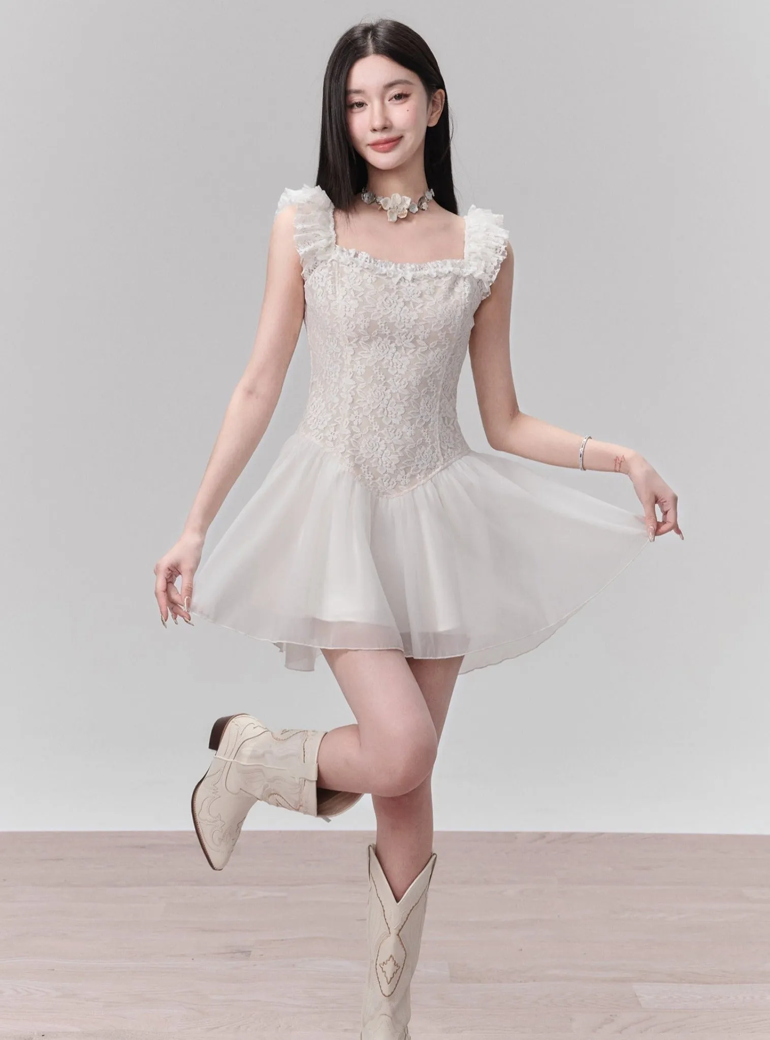 Lace Bodice Tulle Skirt Mini Dress with Ruffle Straps