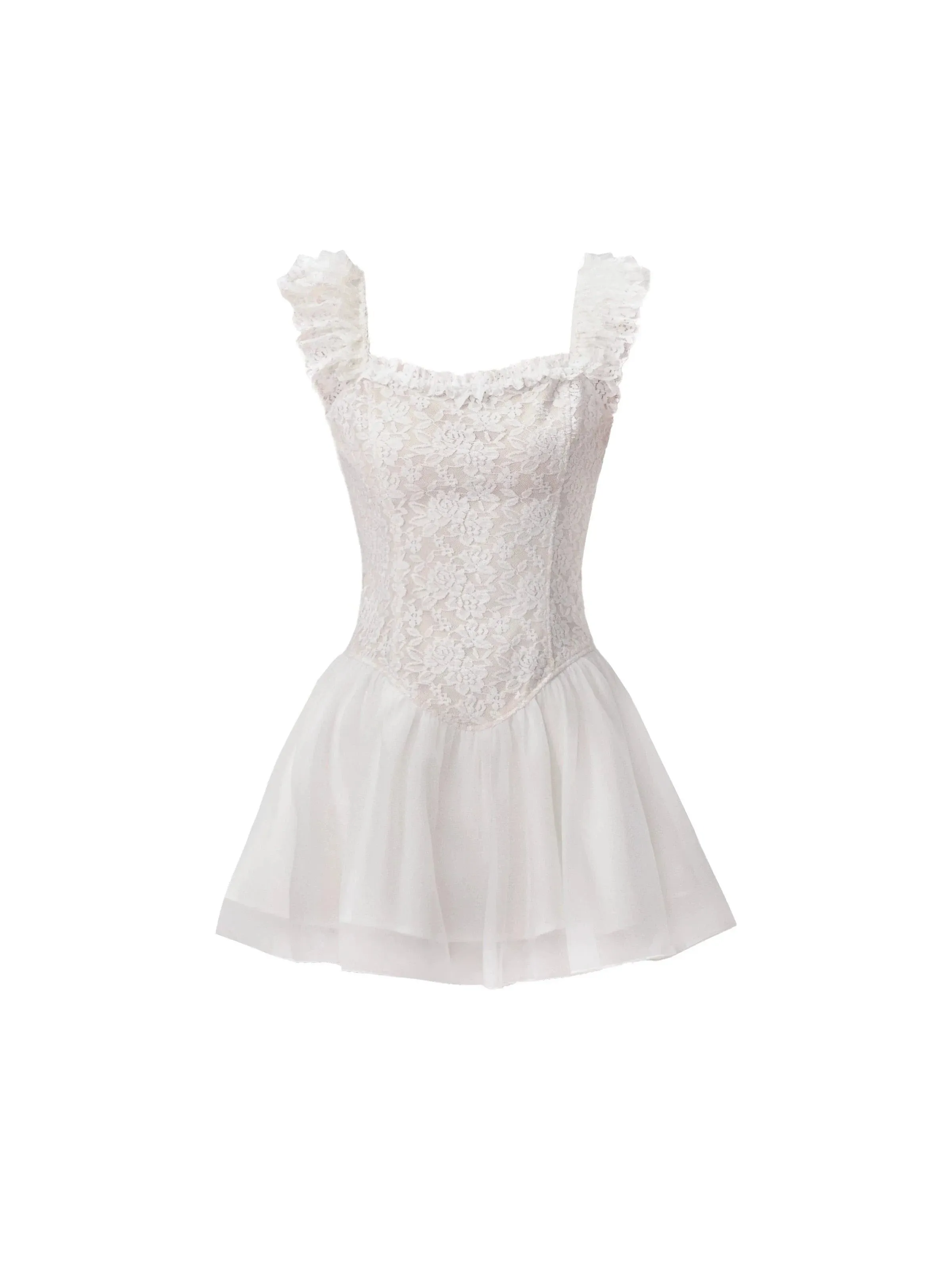 Lace Bodice Tulle Skirt Mini Dress with Ruffle Straps