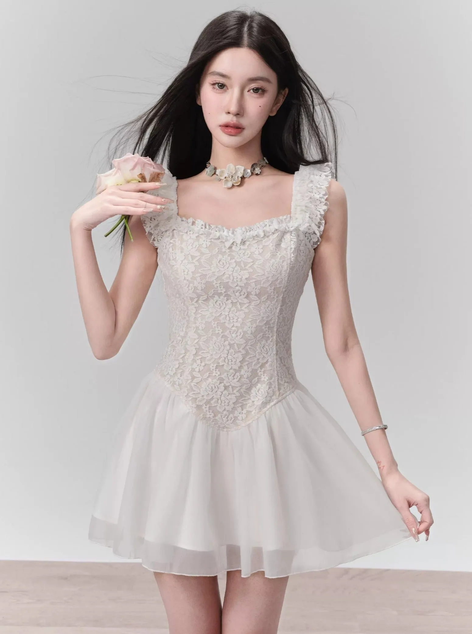 Lace Bodice Tulle Skirt Mini Dress with Ruffle Straps