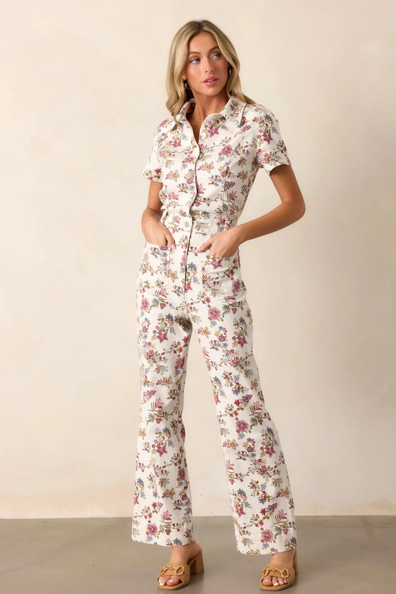 Landslide Harmony Ivory Floral Denim Jumpsuit