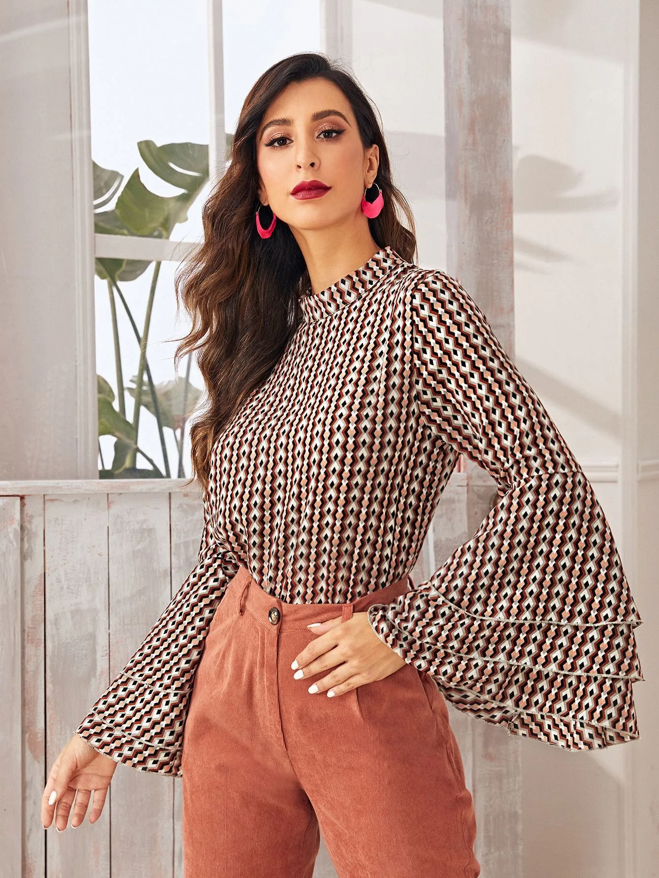 Layered Sleeve Aztec Print Blouse