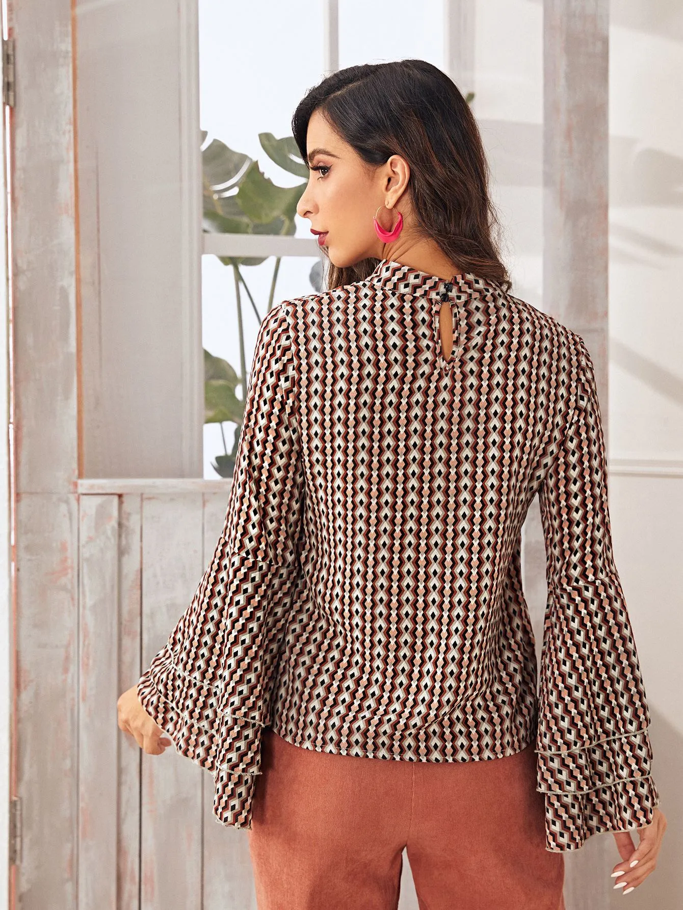 Layered Sleeve Aztec Print Blouse