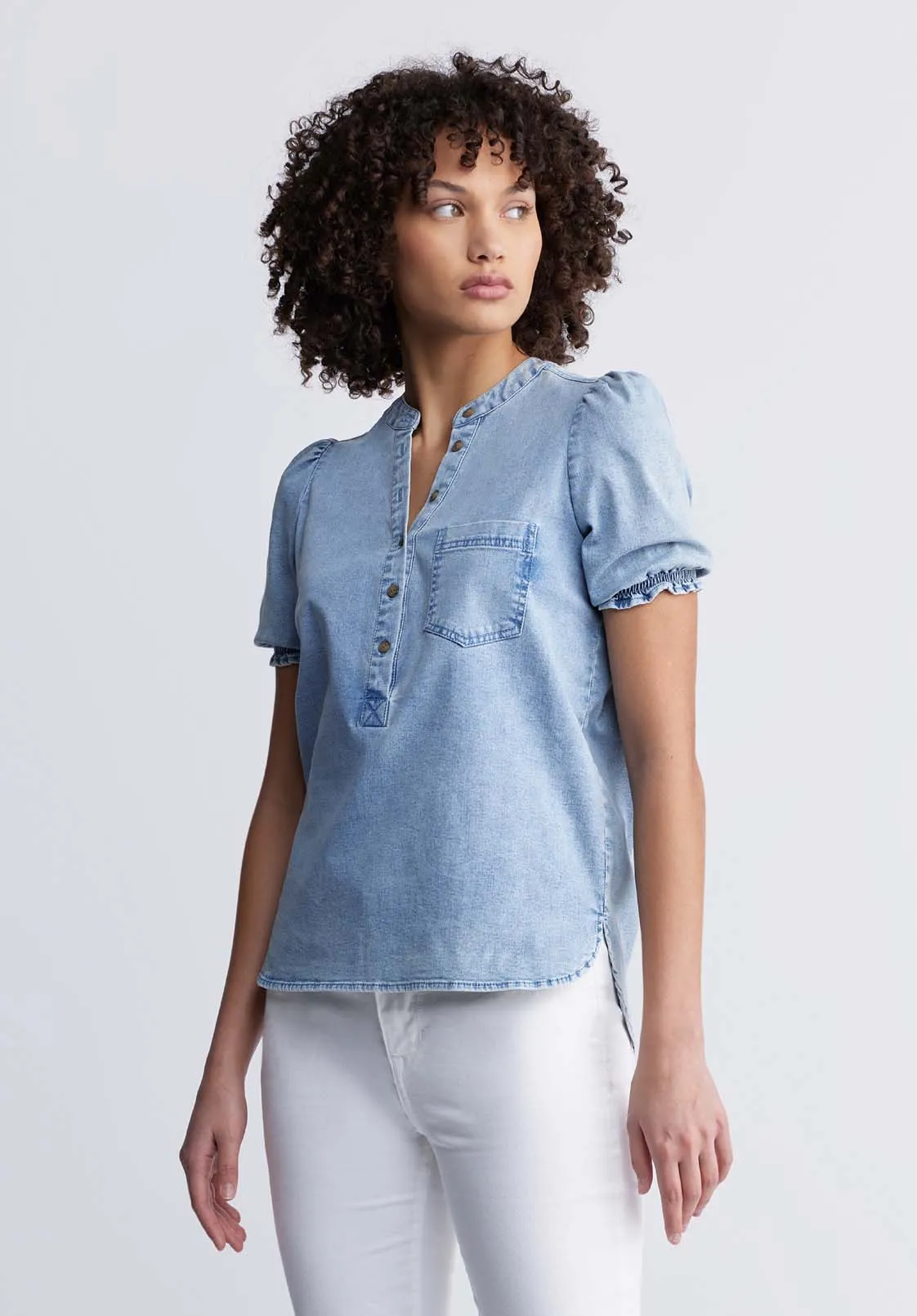 Lenore Women’s Puffed Sleeve Blouse in Light Denim Blue - WT0086P