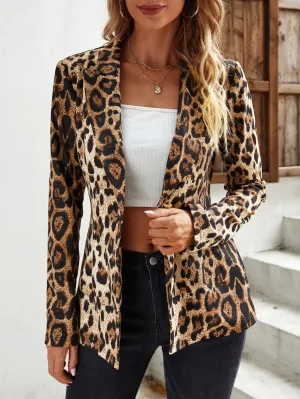 Leopard Print Lapel Neck Single Button Blazer