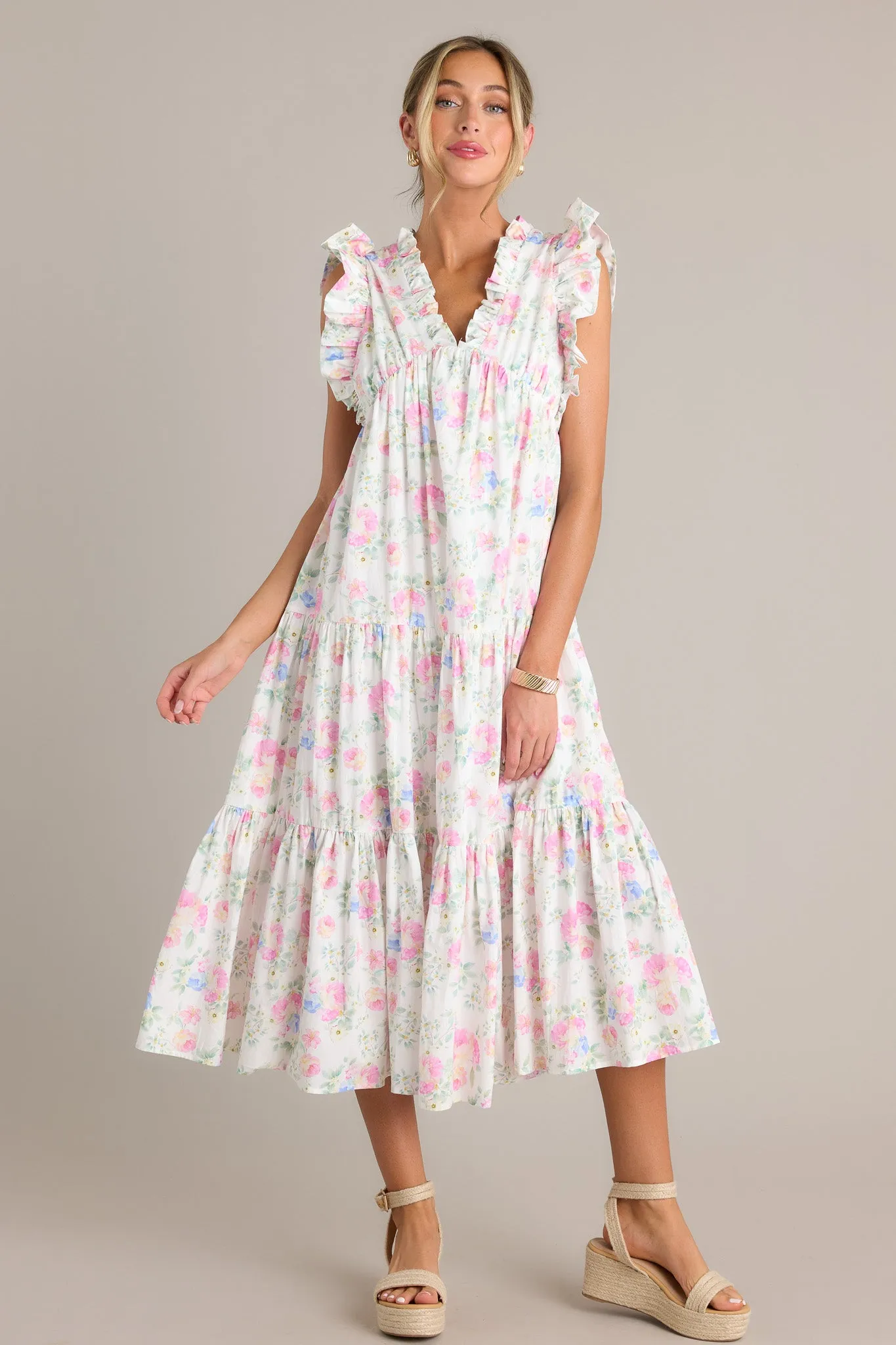 Lily Blooms 100% Cotton Ivory Floral Ruffle Sleeve Midi Dress