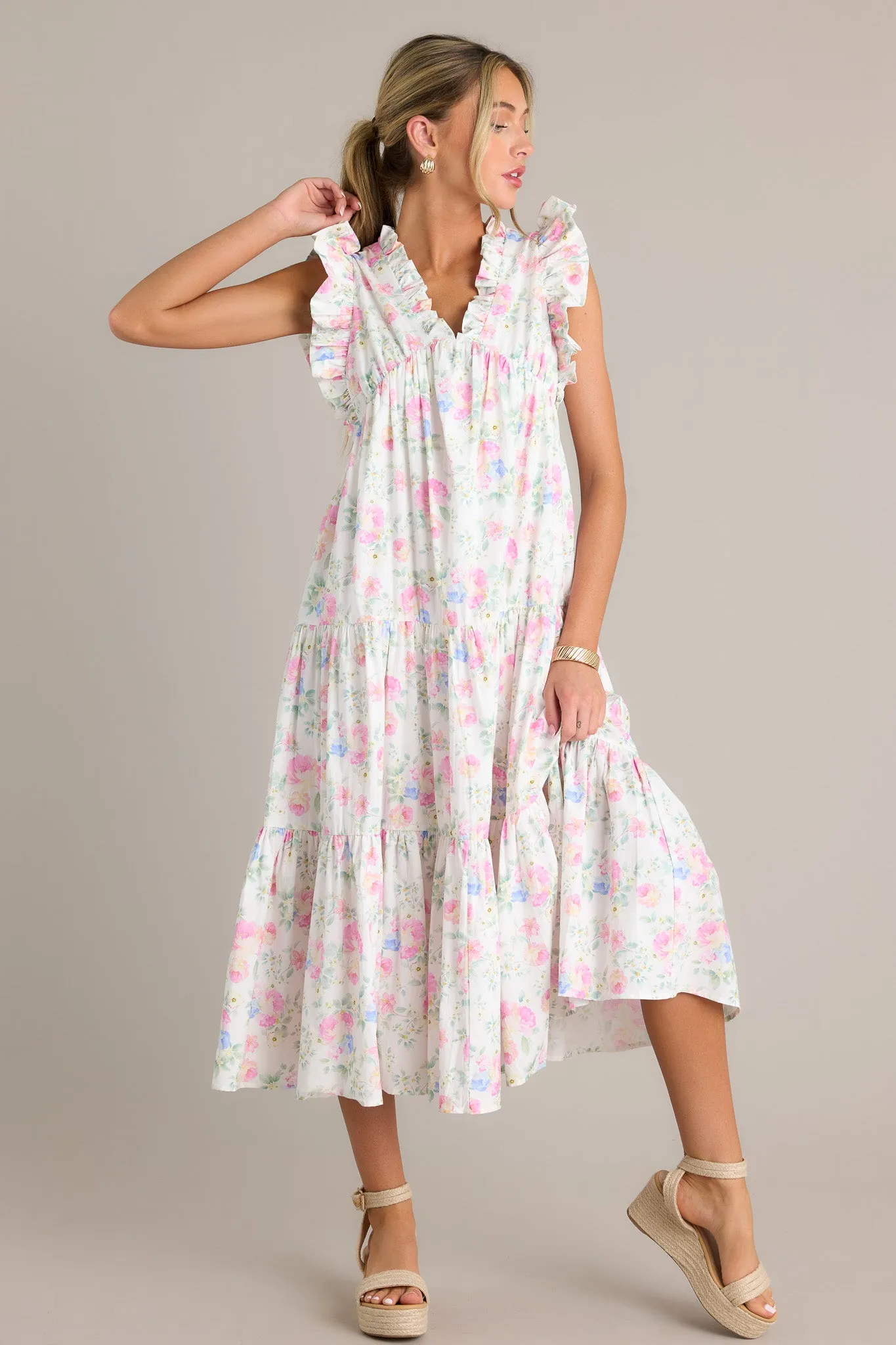 Lily Blooms 100% Cotton Ivory Floral Ruffle Sleeve Midi Dress