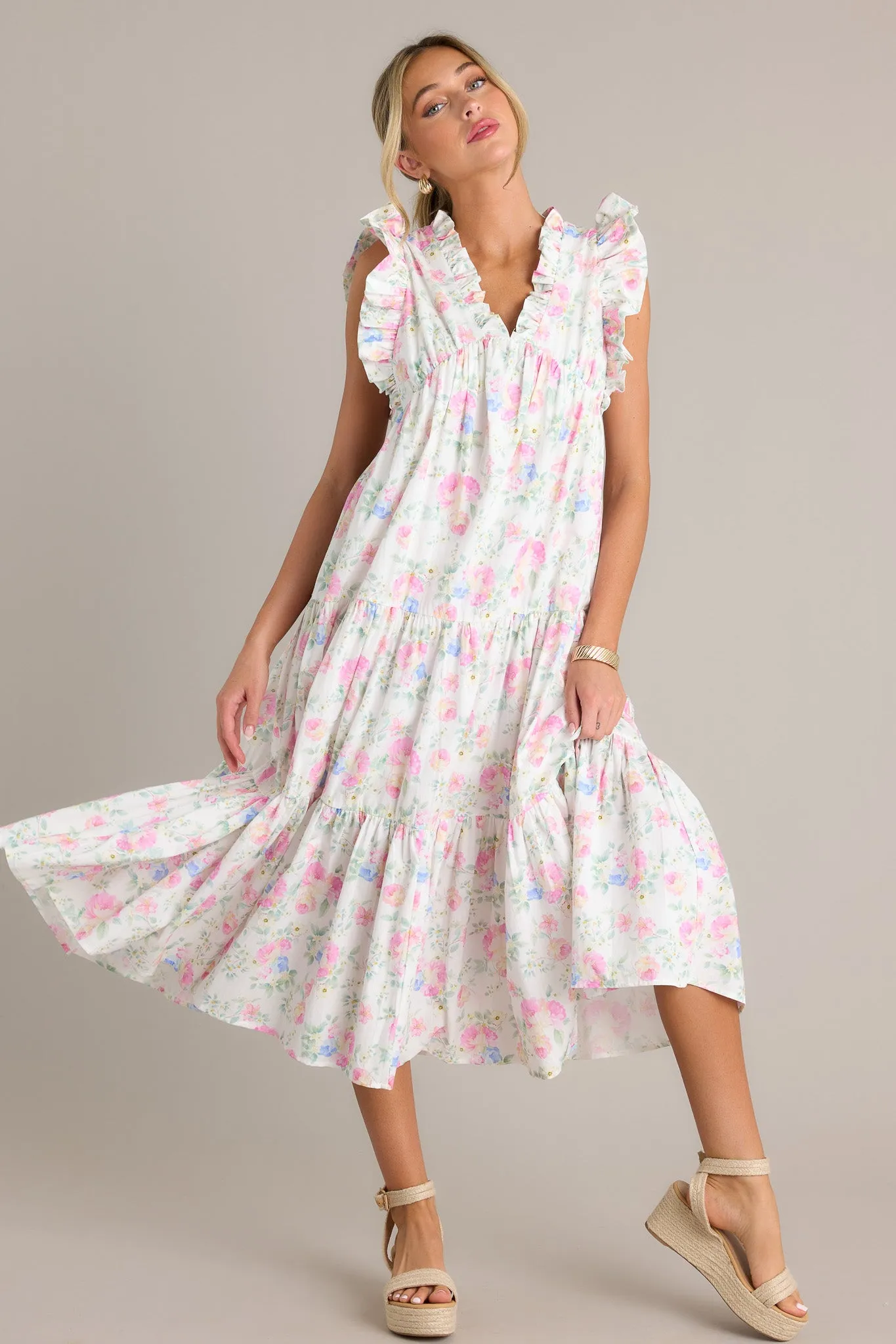 Lily Blooms 100% Cotton Ivory Floral Ruffle Sleeve Midi Dress