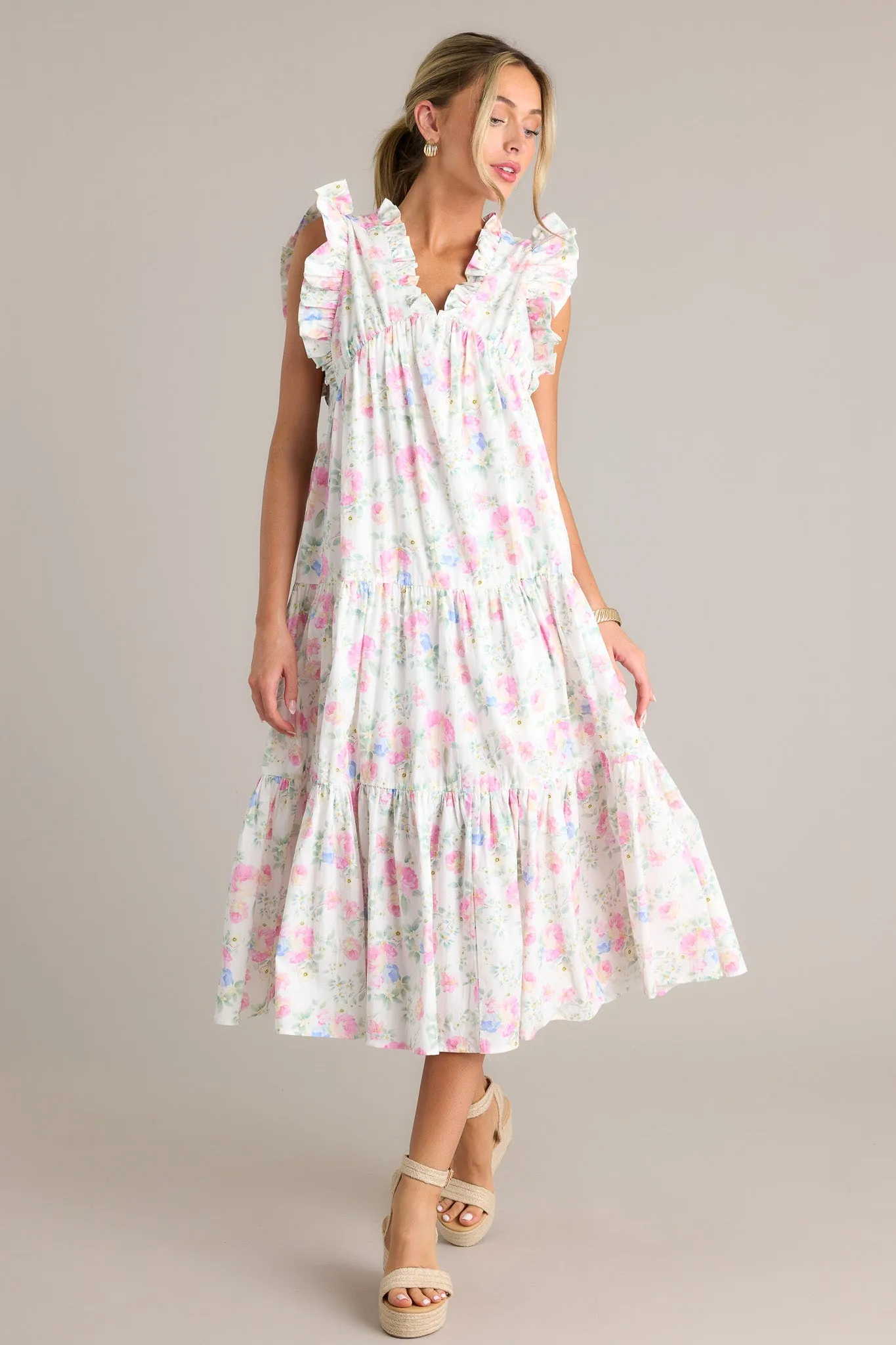 Lily Blooms 100% Cotton Ivory Floral Ruffle Sleeve Midi Dress