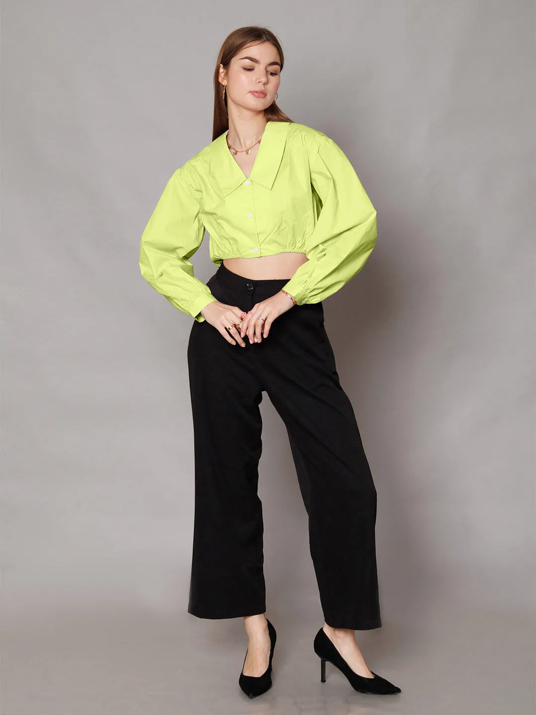 Lime Green Solid Relaxed Fit Crop Shirt