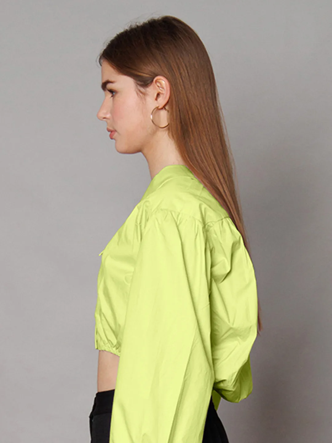 Lime Green Solid Relaxed Fit Crop Shirt