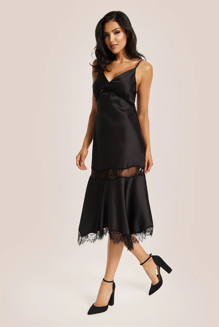 Liquorish Fine Lace Detail Strip Midi Dress In Black