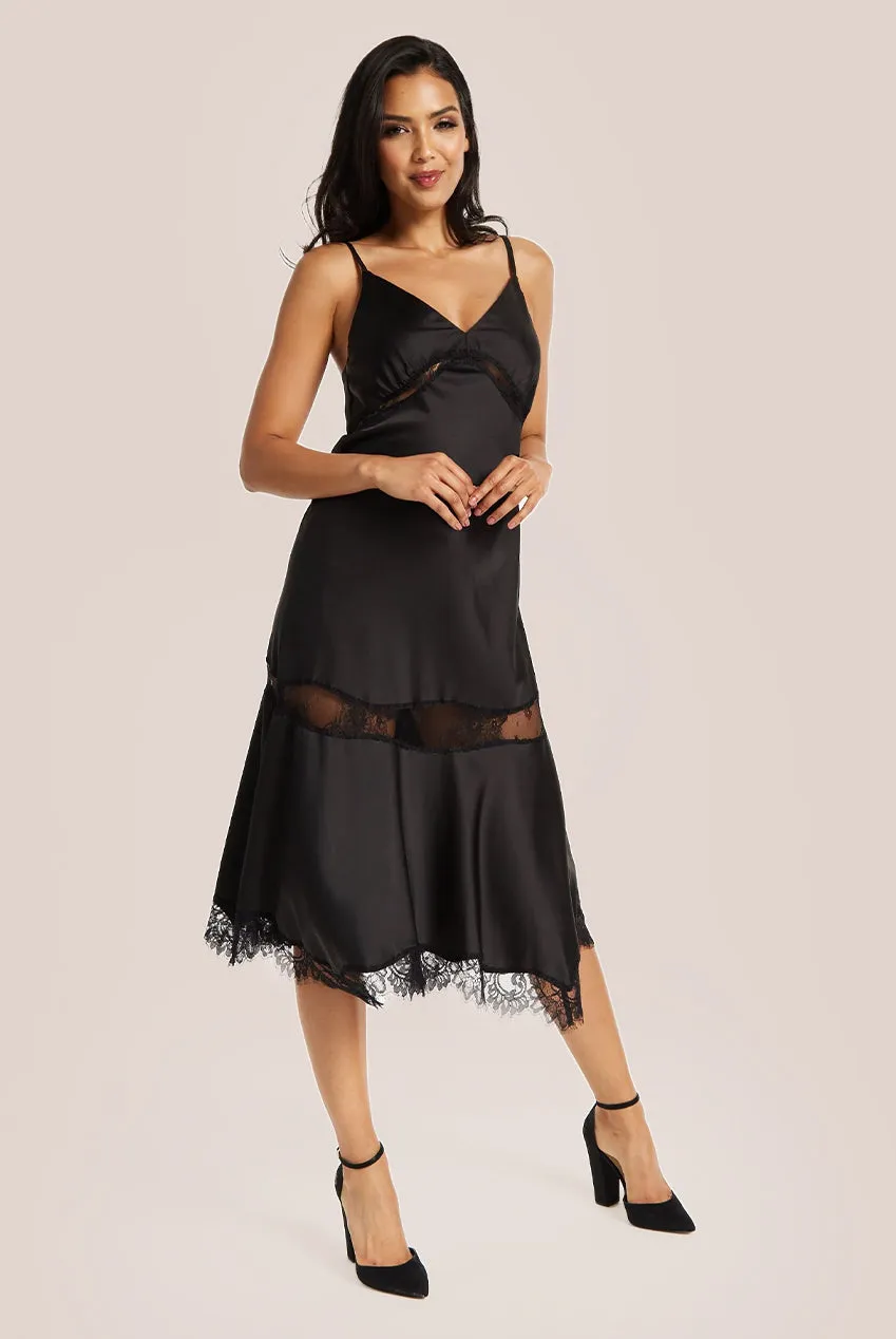 Liquorish Fine Lace Detail Strip Midi Dress In Black