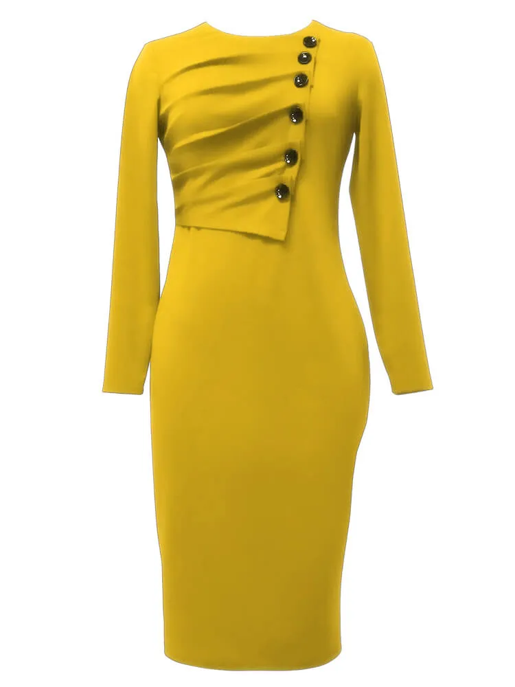 Long Sleeve Button Ruched Midi Dresses