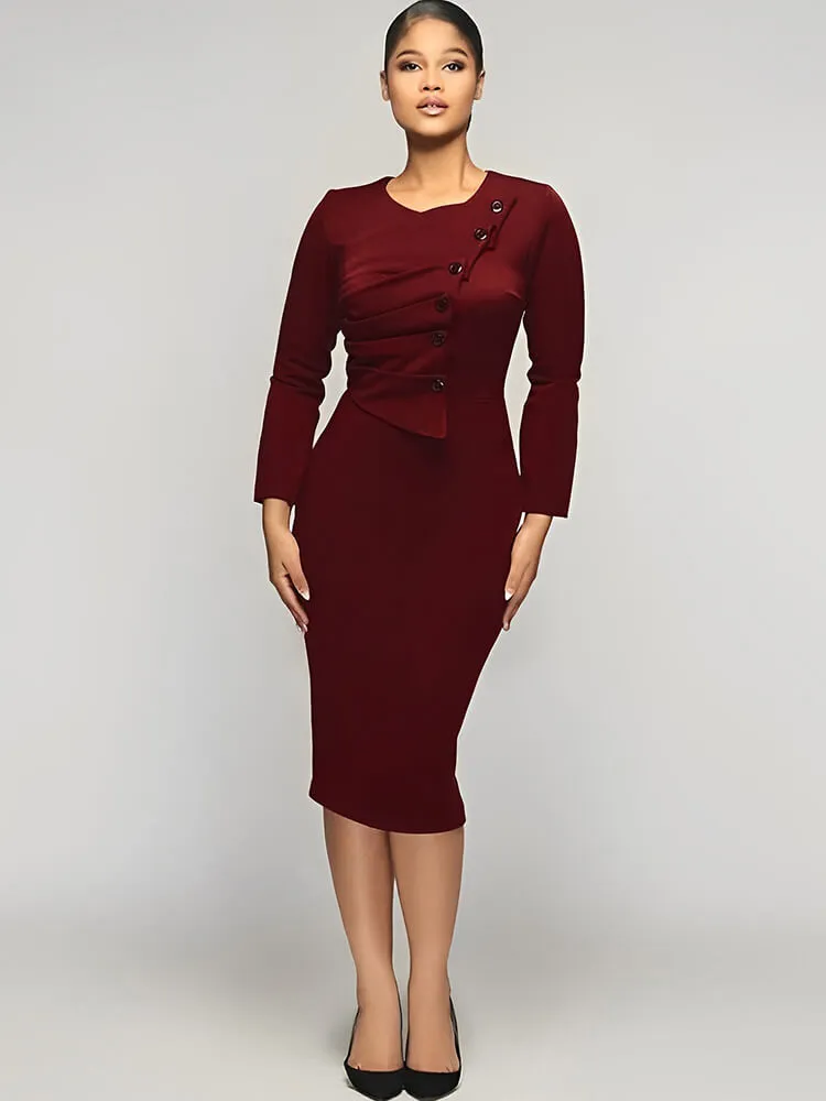 Long Sleeve Button Ruched Midi Dresses