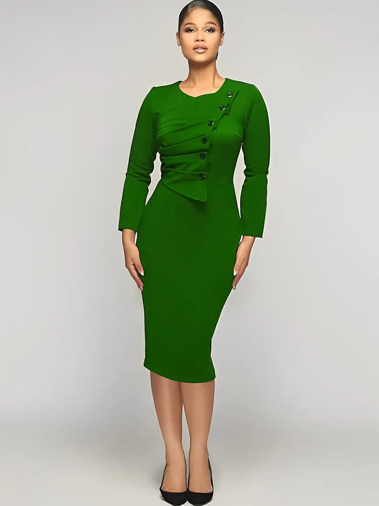 Long Sleeve Button Ruched Midi Dresses