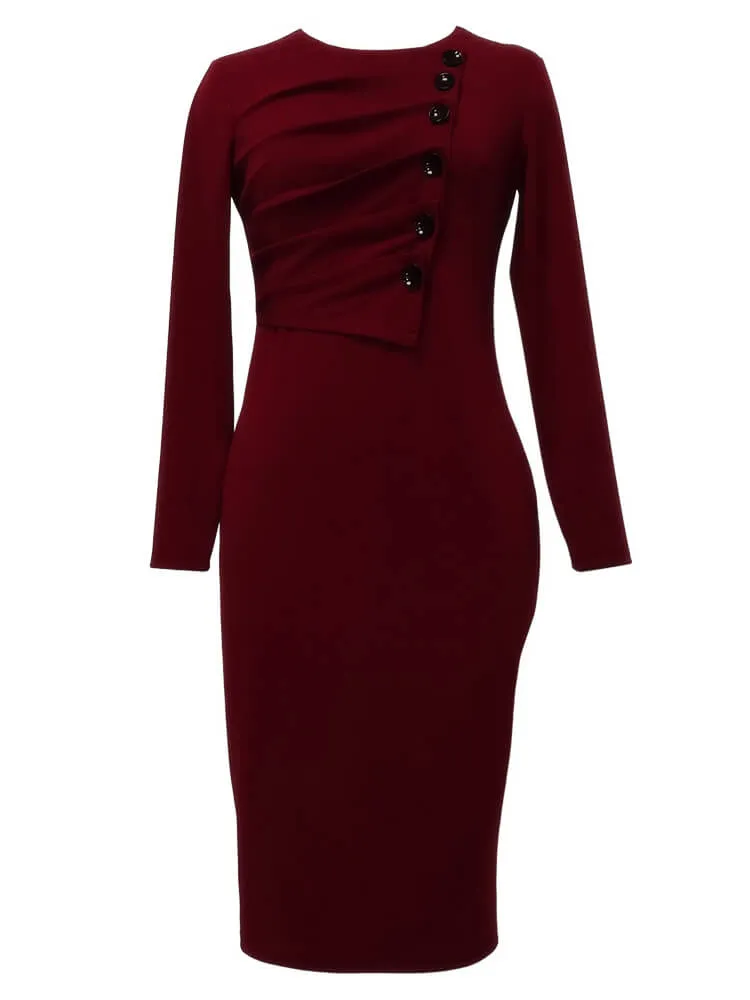 Long Sleeve Button Ruched Midi Dresses