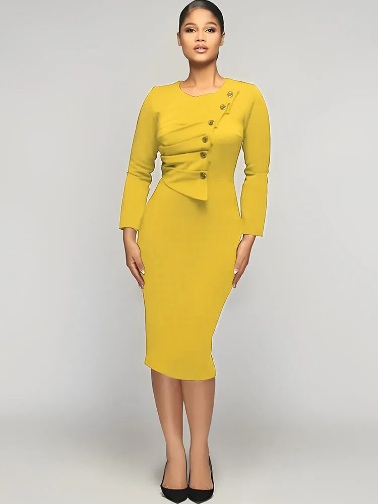 Long Sleeve Button Ruched Midi Dresses