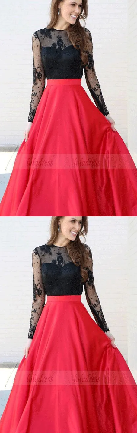 Long Sleeves Black and Red Long Prom Dress Party Dress