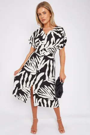 LOVE SUNSHINE Black Leaf Print Short Sleeve V Neck Midi Dress