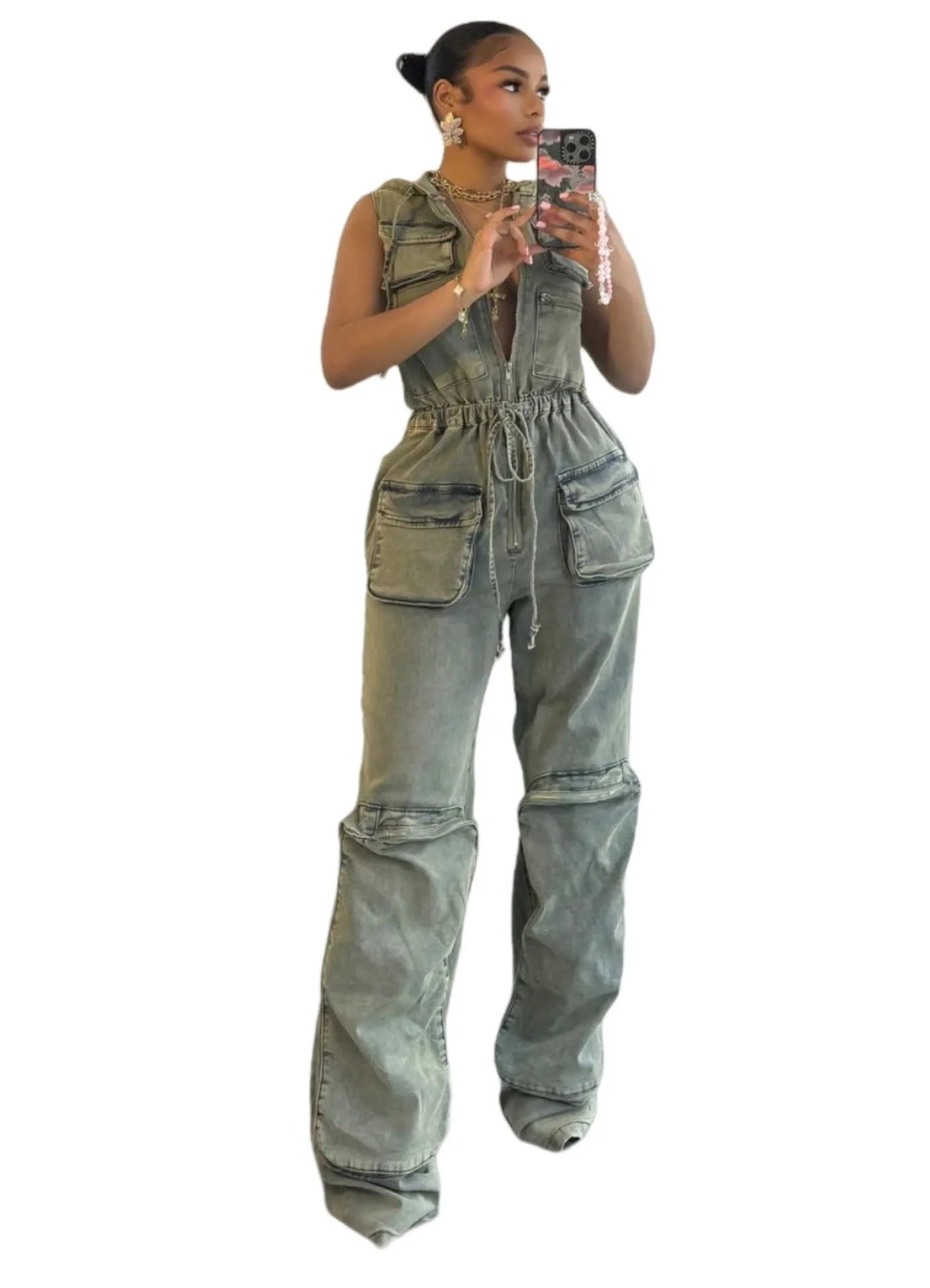 MB FASHION Hooded Denim Jumpsuit with Utility Pockets and Drawstring Waist 8582LY