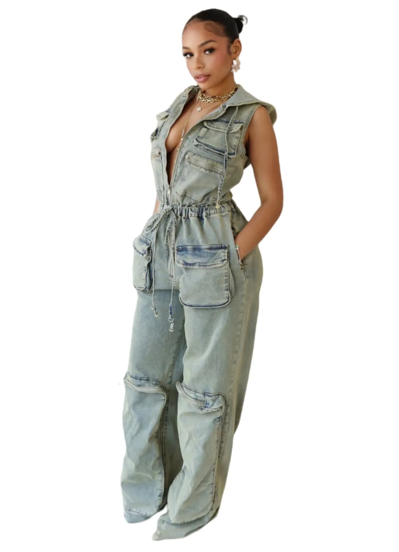 MB FASHION Hooded Denim Jumpsuit with Utility Pockets and Drawstring Waist 8582LY