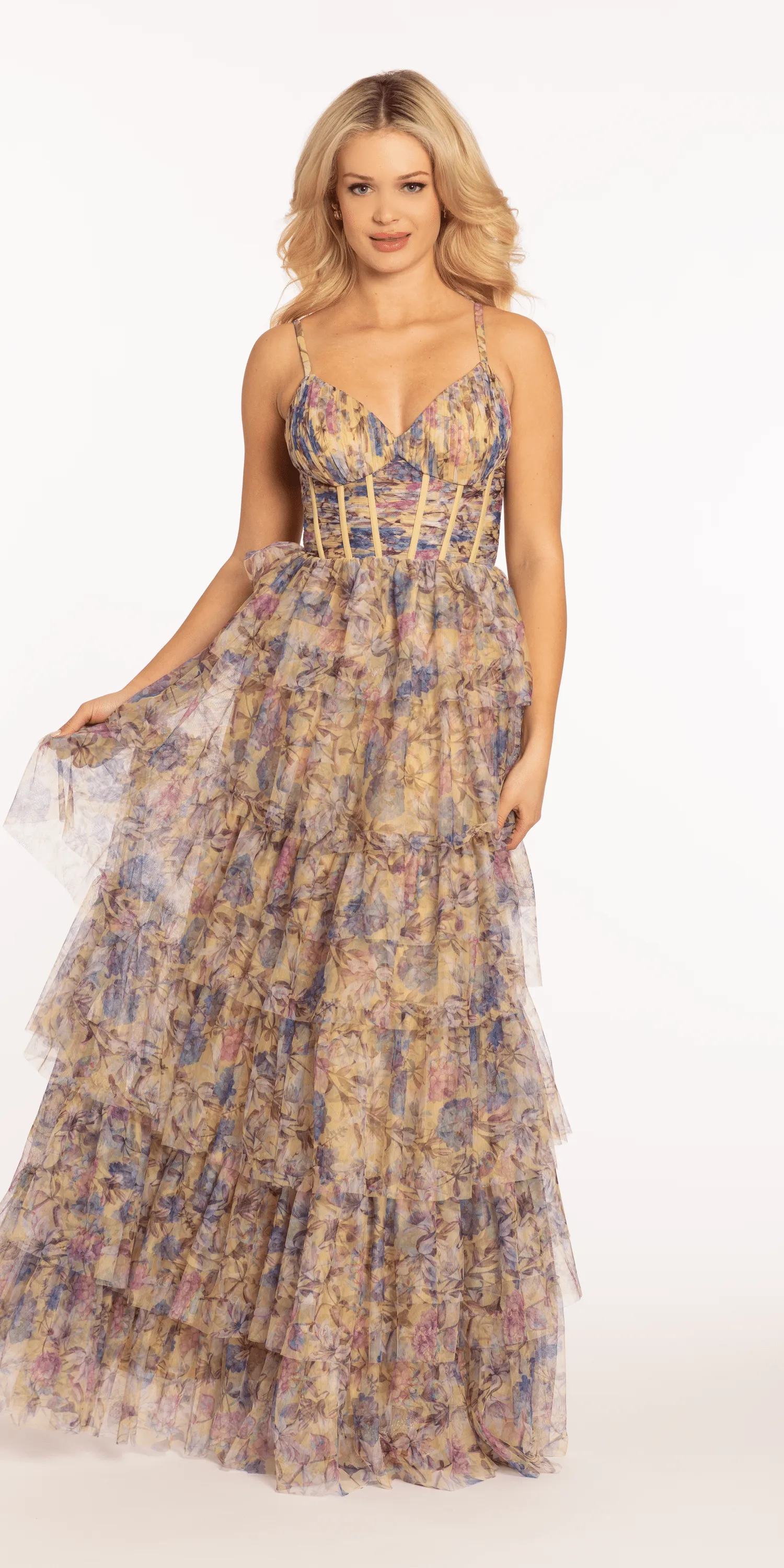 Mesh Floral Print Tiered Corset Ballgown