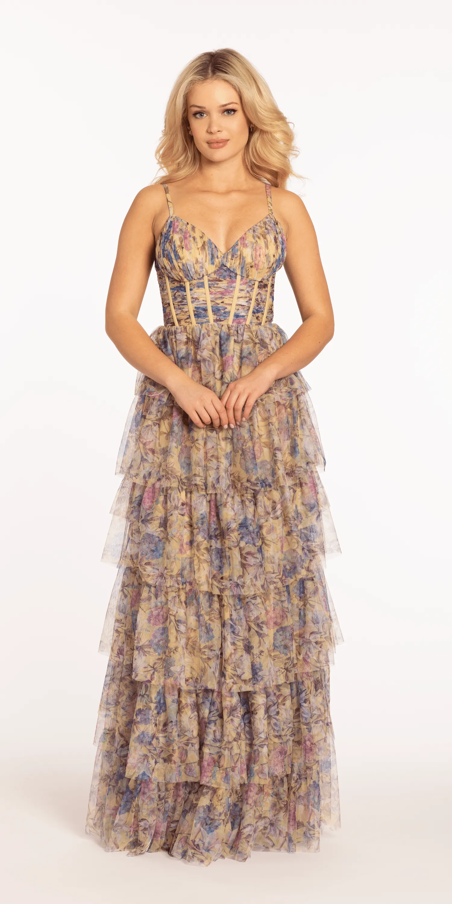 Mesh Floral Print Tiered Corset Ballgown