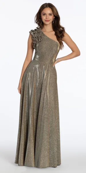 Metallic Ruffle One Shoulder A Line Dress