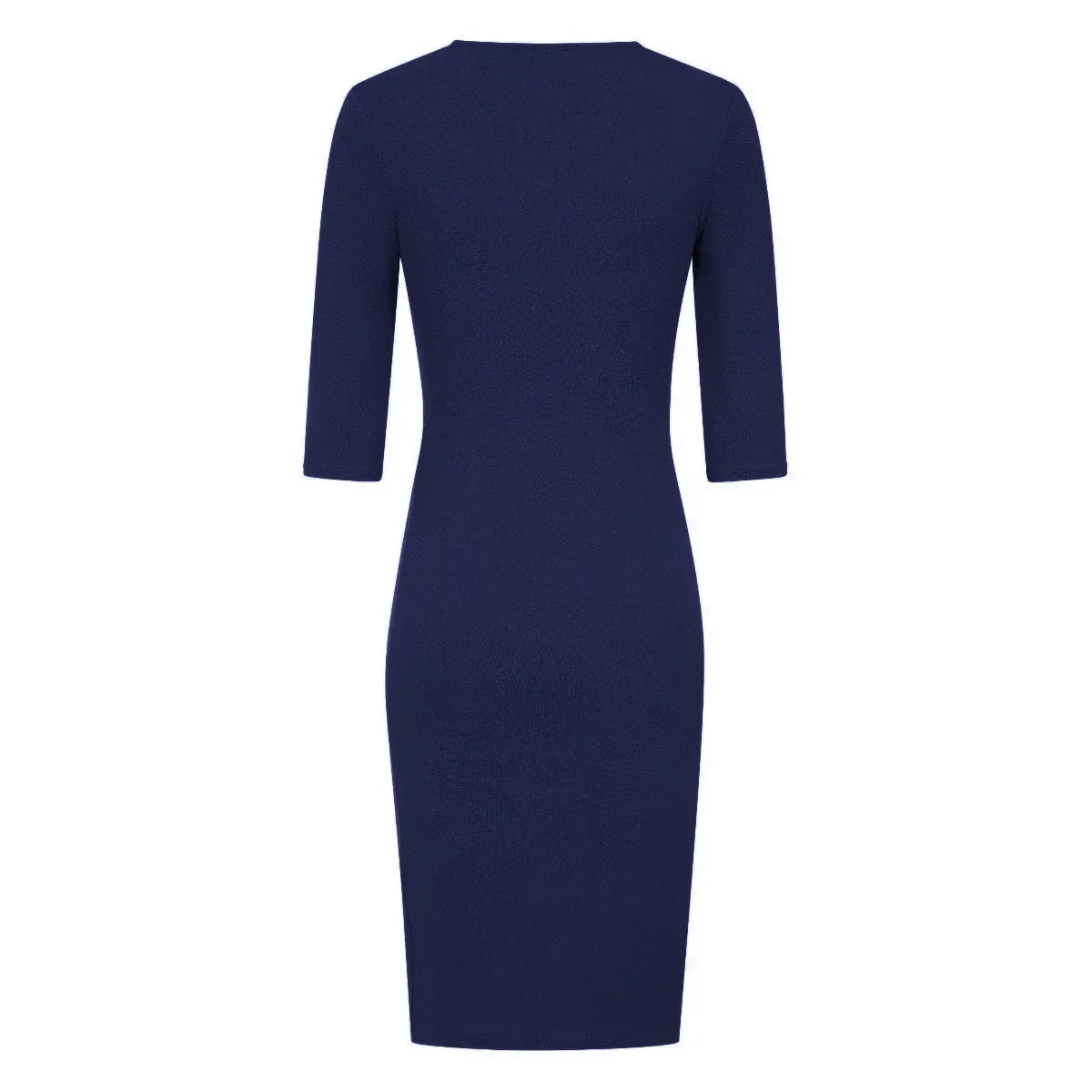 Navy 3/4 Sleeve Deep V Neck Ruched Detail Wrap Effect Dress