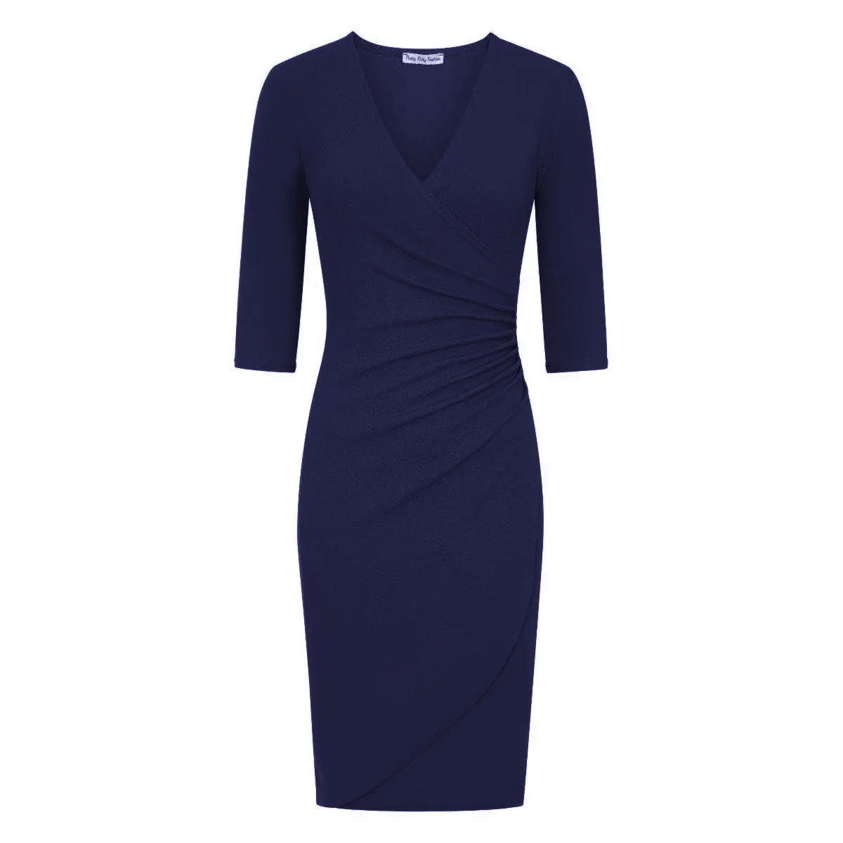 Navy 3/4 Sleeve Deep V Neck Ruched Detail Wrap Effect Dress