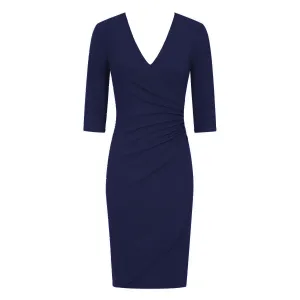 Navy 3/4 Sleeve Deep V Neck Ruched Detail Wrap Effect Dress