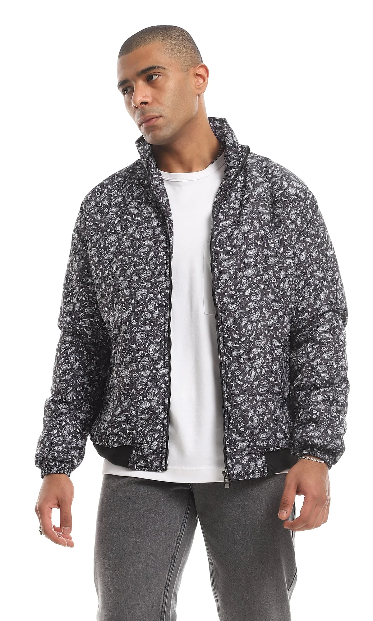 O156175 Navy Blue & White Paisley Pattern Allover Bomber Jacket