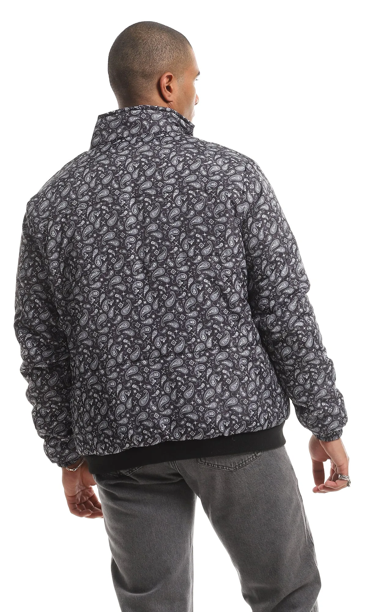 O156175 Navy Blue & White Paisley Pattern Allover Bomber Jacket